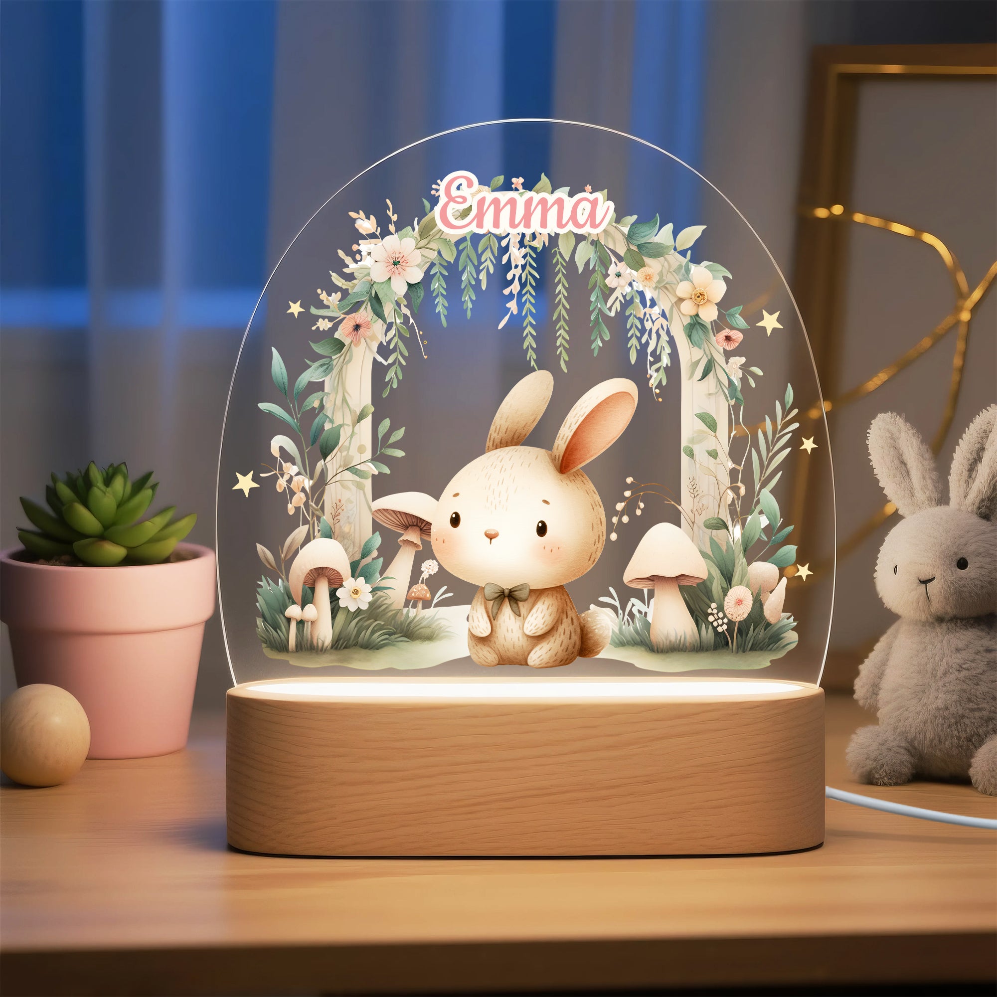 Personalizado lindo bosque de animales de acrílico LED luz de la noche con el nombre y la base de madera Decoración de la guardería Baby Shower Cumpleaños Regalo para Niños Niñas