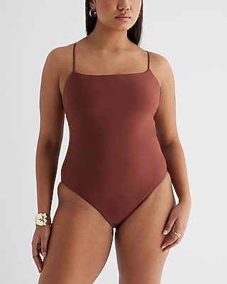 Express Women's Strappy Lace-Up Body Contour One-Piece Swimsuit in Rum Raisin