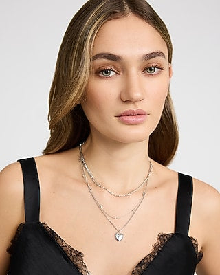 Express Women's Layered Heart Pendant Necklace in Silver