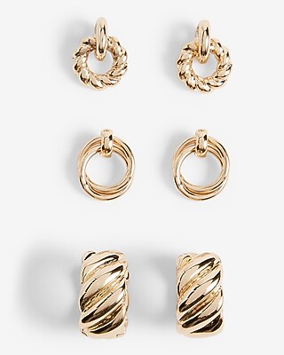 Express Women's Set Of 3 Twist Mini Doorknocker Earrings in Shiny Gold