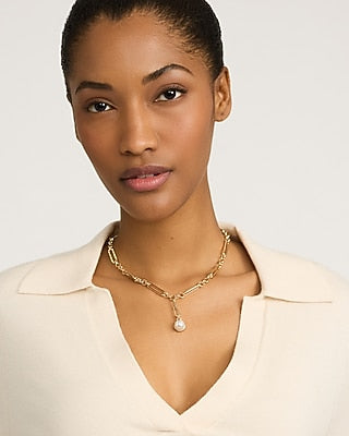 Express Women's Pearl Drop Chain Necklace in Gold