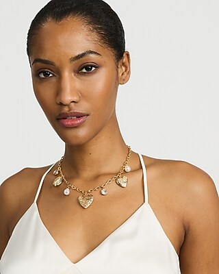 Express Women's Heart Charm Statement Necklace in Gold