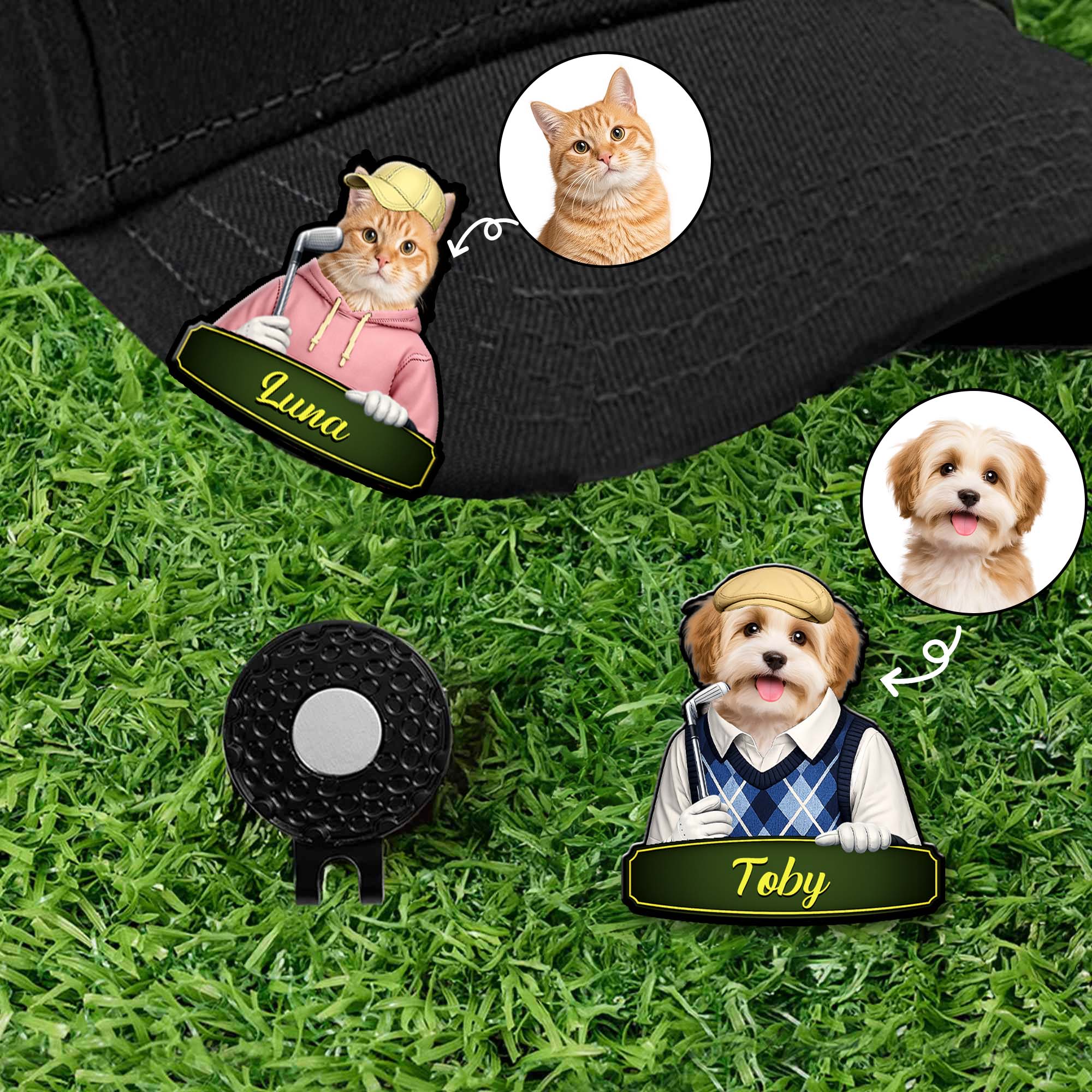 Clip magnético personalizado con foto de mascota de dibujos animados para sombrero Marcador de pelota de golf con nombre Cumpleaños Aniversario Día del partido Regalo para amantes del golf