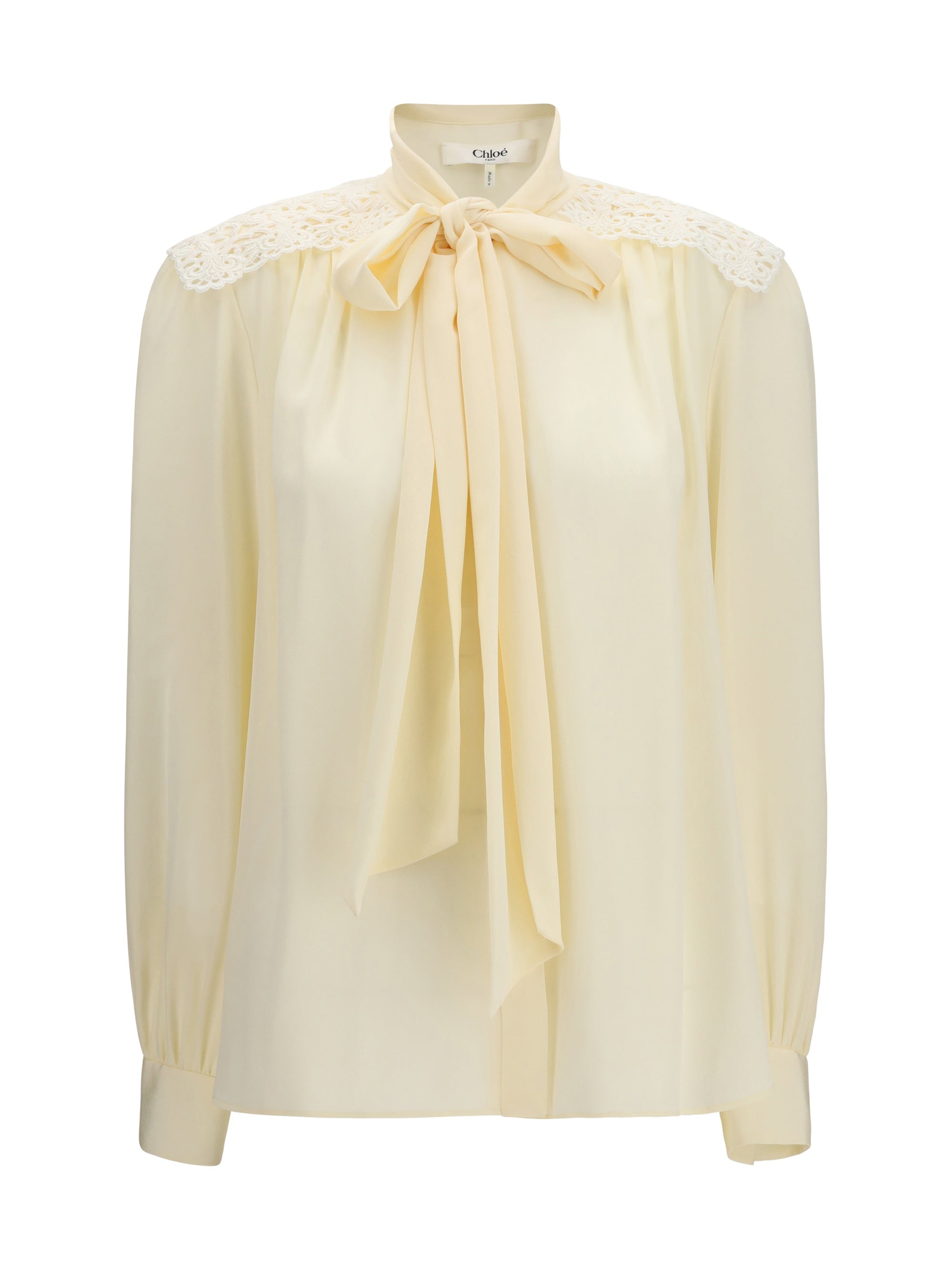 Chloé Embroidered-Shoulder Bow Blouse — White