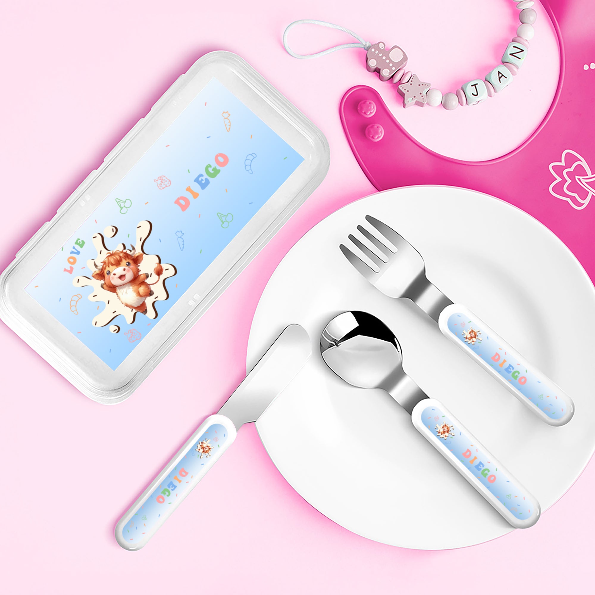 Set de 3 cubiertos personalizados con nombre y estuche de animales de dibujos animados Cuchillo Tenedor Cuchara Regalo de cumpleaños para niños