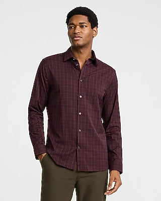 Express Men's Slim Grid Plaid Wrinkle-Resistant Everyday Performance Dress Shirt in Merlot