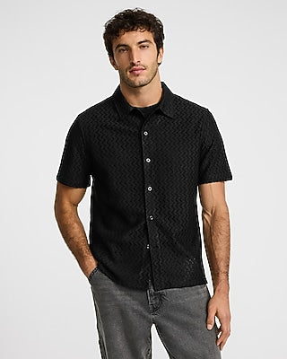 Express Men's Textured Zig Zag Short Sleeve Shirt in Jet Black