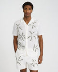 Express Men's Embroidered Floral Ivory Cotton Short Sleeve Shirt in White Small