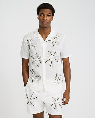 Express Men's Embroidered Floral Ivory Cotton Short Sleeve Shirt in White Small