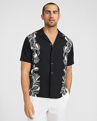 Express Men's Abstract Floral Border Rayon Short Sleeve Shirt in Black Small
