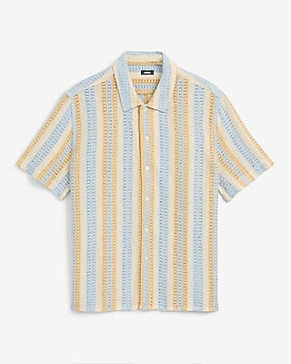 Express Men's Textured Open Knit Tan Striped Short Sleeve Shirt in Blue Small
