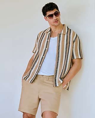 Express Men's Textured Open Knit Striped Short Sleeve Shirt in Tan