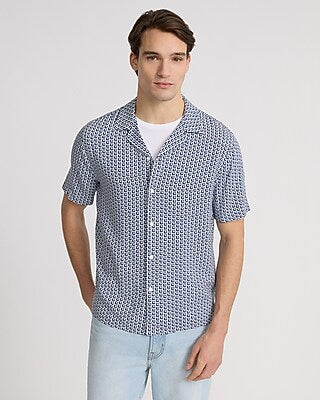 Express Men's Square Geo Rayon Short Sleeve Shirt in Slate Blue