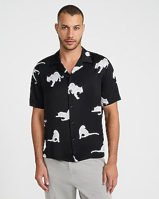 Express Men's Leopard Print Short Sleeve Resort Shirt in Pitch Black