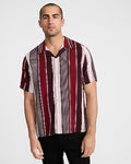 Express Men's Dotted Striped Short Sleeve Shirt in Red Small