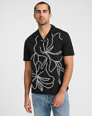 Express Men's Embroidered Contrast Floral Cotton Short Sleeve Shirt in Jet Black