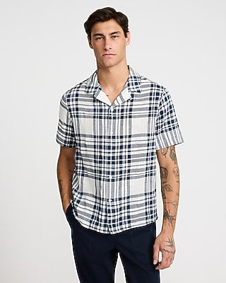 Express Men's Textured Woven Plaid Cotton Short Sleeve Shirt in Blue Small