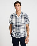 Express Men's Textured Woven Plaid Cotton Short Sleeve Shirt in Navy