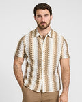 Express Men's Textured Zig Zag Striped Short Sleeve Shirt in Soft Beige