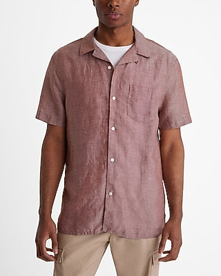 Express Men's Linen-Blend Pocket Short Sleeve Shirt in Rust