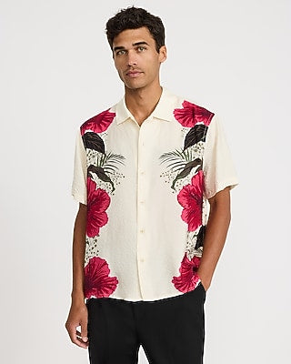 Express Men's Seersucker Hibiscus Floral Short Sleeve Shirt in Eggshell