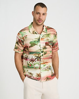 Express Men's Seersucker Tropical Island Short Sleeve Shirt in Pink Small