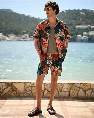 Express Men's Bright Floral Linen-Blend Short Sleeve Shirt in Red Small