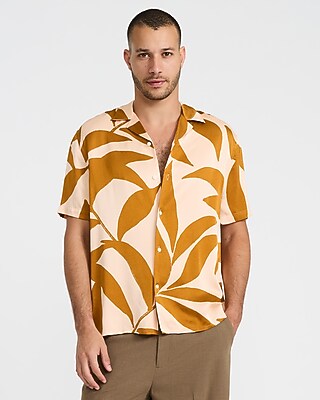 Express Men's Contrast Palm Short Sleeve Resort Shirt in Orange Small