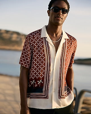 Express Men's Geo Palm Border Short Sleeve Resort Shirt in Red Small