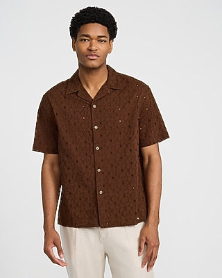 Express Men's Textured Floral Eyelet Short Sleeve Shirt in Dark Chocolate