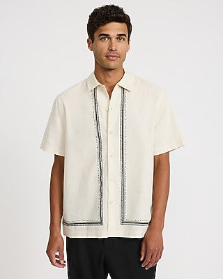 Express Men's Pineapple Border Linen-Blend Short Sleeve Shirt in White Small