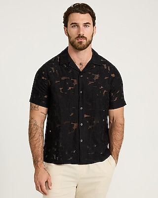 Express Men's Textured Sheer Floral Jacquard Short Sleeve Shirt in Black Small