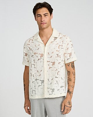 Express Men's Textured Sheer Floral Jacquard Short Sleeve Shirt in White Small