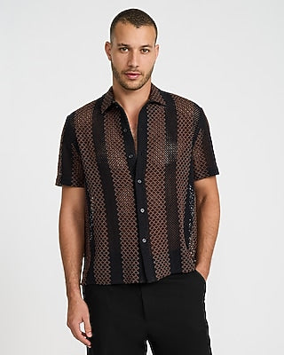 Express Men's Crochet Striped Cotton-Blend Short Sleeve Shirt in Mocha