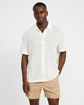 Express Men's Crochet Solid Cotton-Blend Short Sleeve Shirt in Pearl White