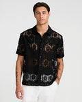 Express Men's Lace Eyelet Geo Tile Short Sleeve Shirt in Jet Black