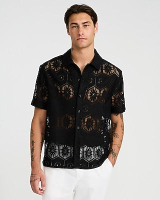 Express Men's Lace Eyelet Geo Tile Short Sleeve Shirt in Jet Black