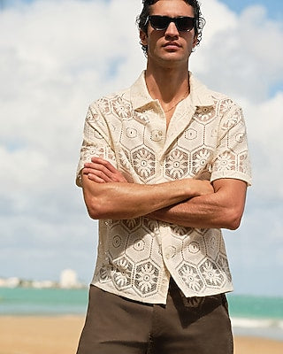 Express Men's Lace Eyelet Geo Tile Short Sleeve Shirt in White Small