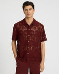 Express Men's Lace Eyelet Geo Tile Short Sleeve Shirt in Red Small