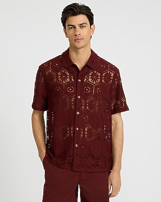 Express Men's Lace Eyelet Geo Tile Short Sleeve Shirt in Red Small