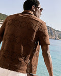 Express Men's Lace Eyelet Geo Tile Short Sleeve Shirt in Brown Small