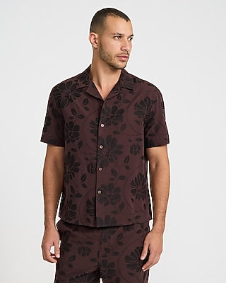 Express Men's Textured Floral Jacquard Short Sleeve Shirt in Dark Chocolate