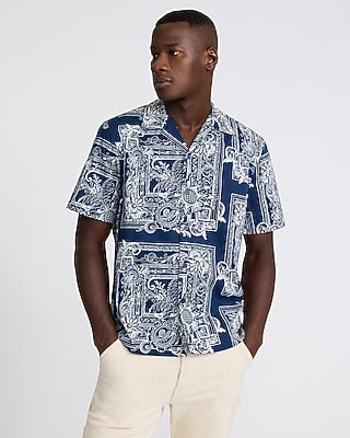 Express Men's Scarf Print Cotton Stretch Short Sleeve Shirt in Blue Small