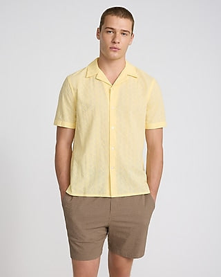 Express Men's Textured Eyelet Short Sleeve Shirt in Soft Yellow