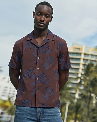 Express Men's Textured Floral Two Tone Jacquard Short Sleeve Shirt in Brown Small