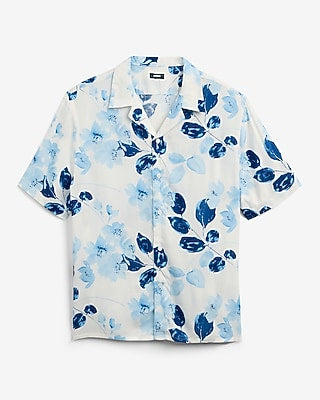 Express Men's Multi Blue Floral Camp Collar Rayon Short Sleeve Shirt in Light Blue