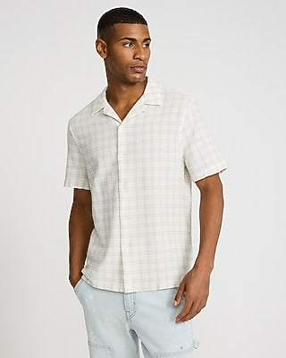 Express Men's Textured Grid Plaid Cotton Stretch Short Sleeve Shirt in Ivory