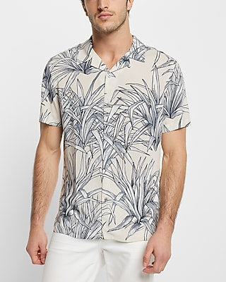 Express Men's Leaf Print Rayon Short Sleeve Shirt in Stone