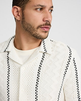 Express Men's Textured Crochet Striped Short Sleeve Shirt in Ivory