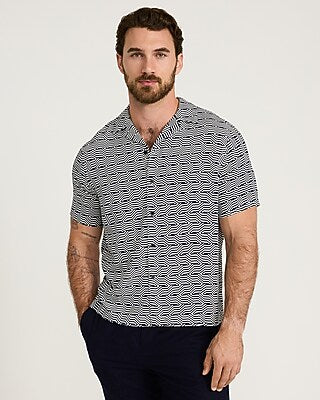 Express Men's Geo Striped Camp Collar Short Sleeve Shirt in Blue Small